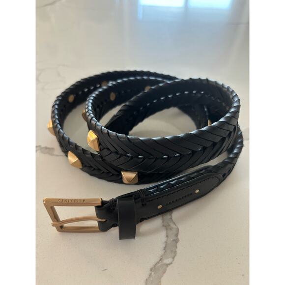 All Saints Black Woven Belt with Gold Studs